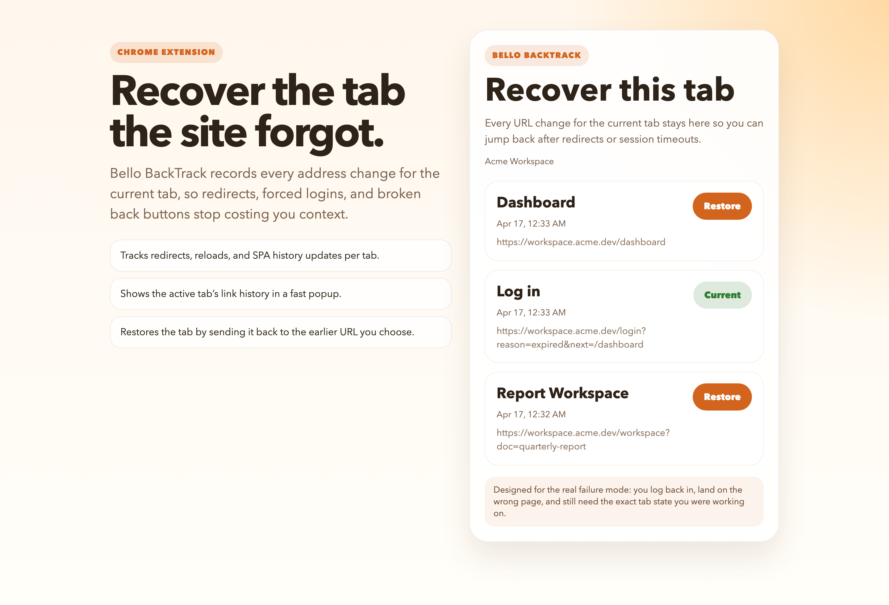 Bello BackTrack popup showing recorded tab history and restore actions