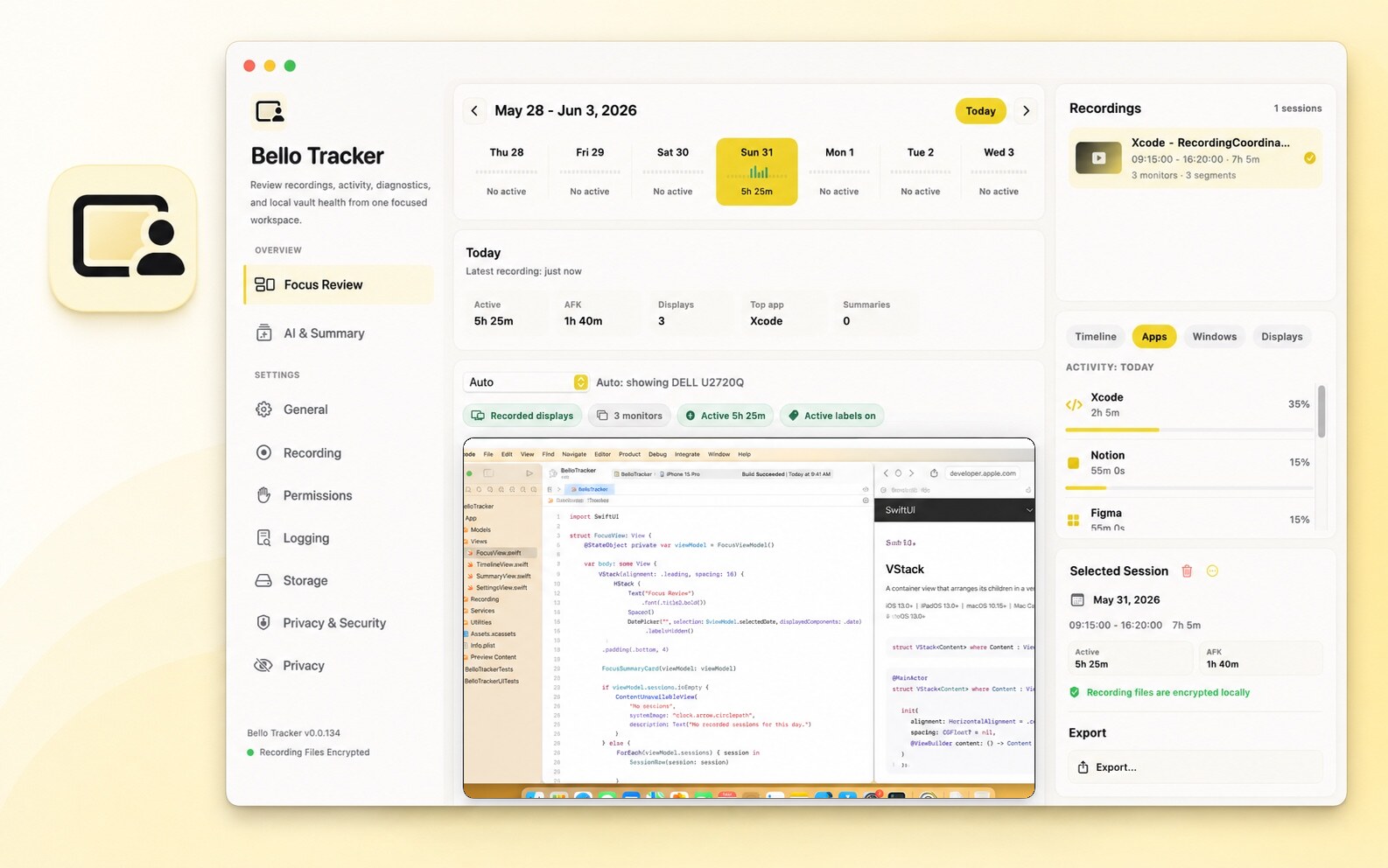 Actual Bello Tracker alpha main window showing daily review and recording panels