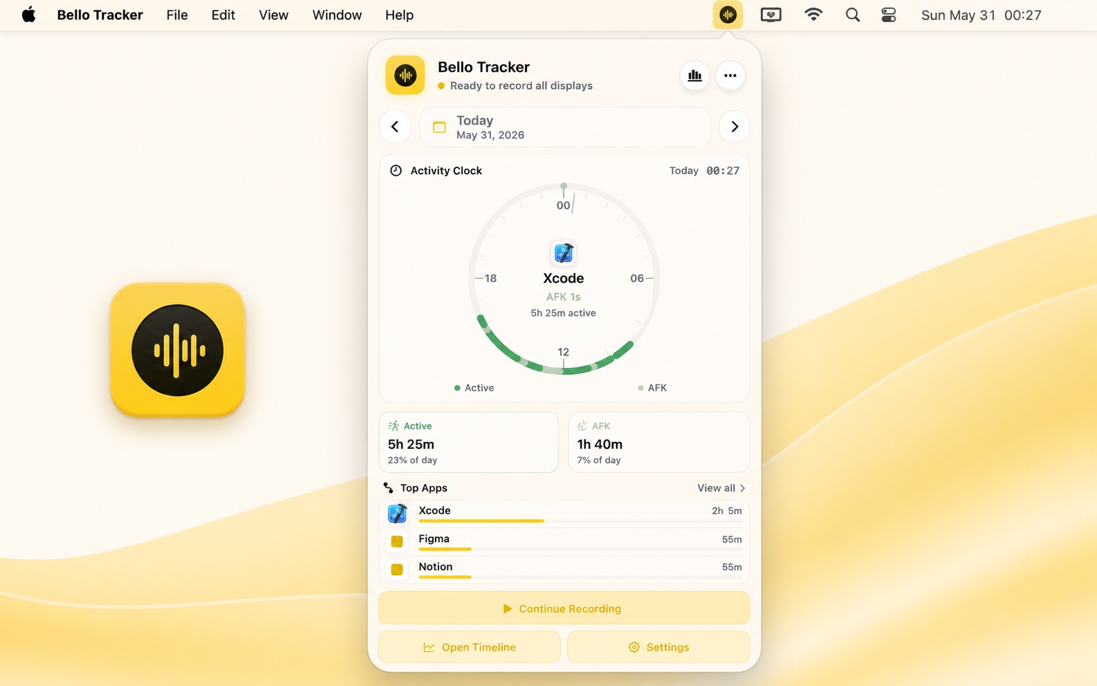 Actual Bello Tracker status bar popover