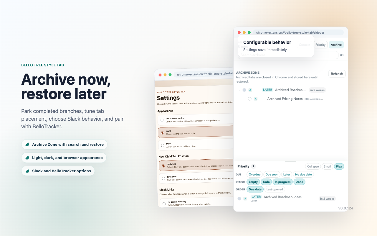 Archive view, settings, and BelloTracker connection options: park completed branches, tune sidebar behavior, and pair integrations from the same side panel