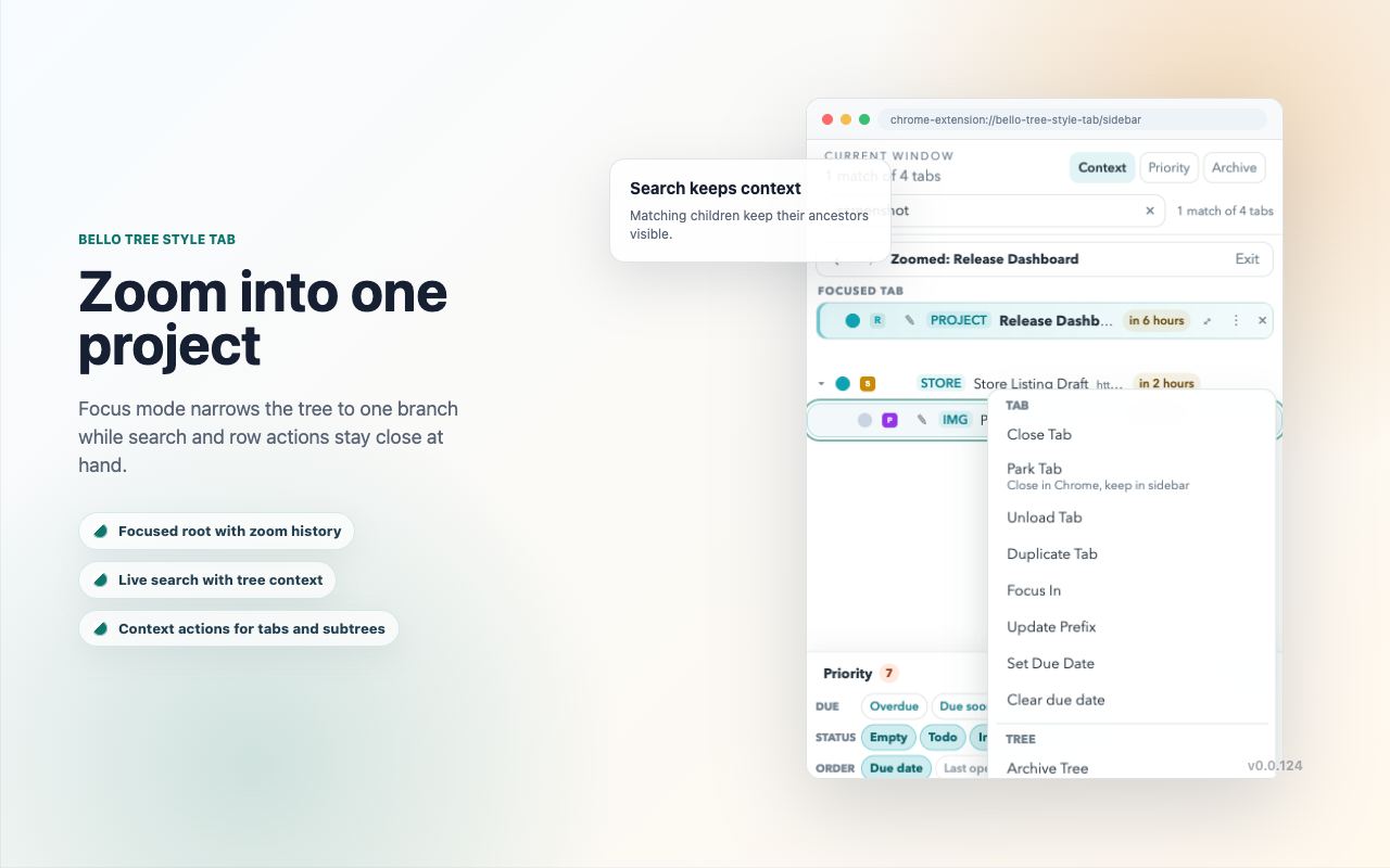 Focus mode zooming into one project branch while search context and tab row actions stay close to the focused work