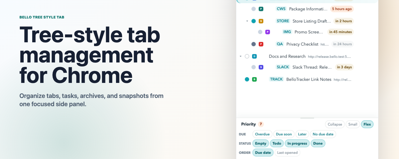Bello Tree Style Tab side panel showing a tab tree and priority dock