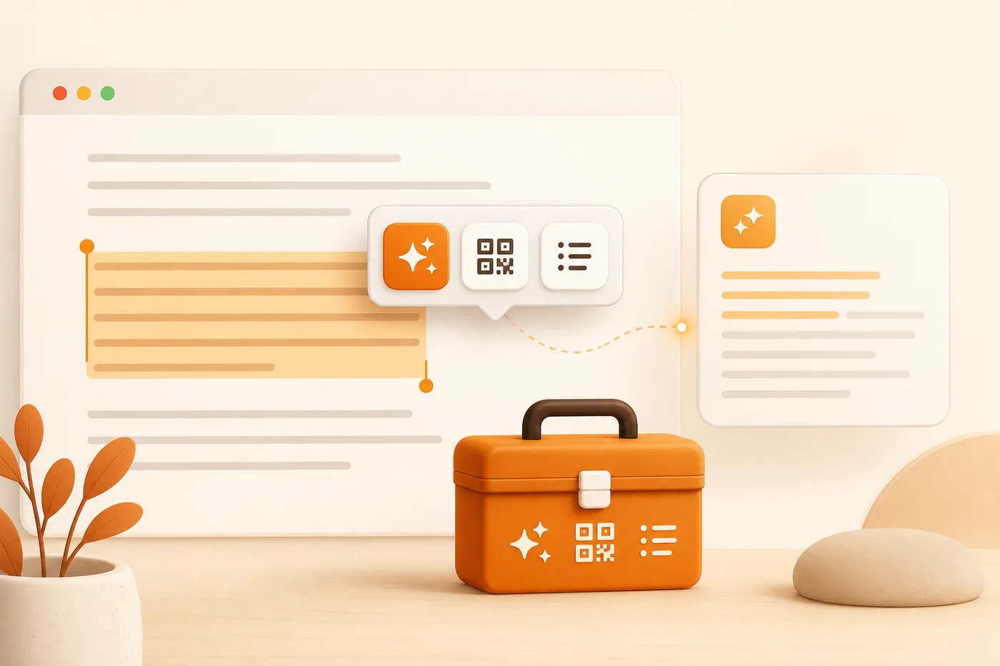 Bello Box promotional illustration showing selected text, a compact floating toolbar, and a toolbox
