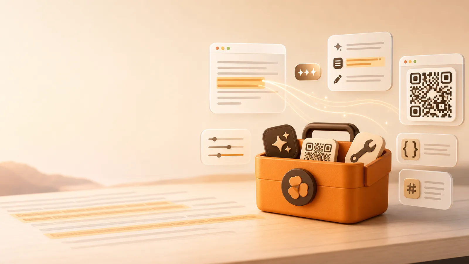 Warm Bello Box promotional artwork showing selected text, AI actions, QR code, and toolbox tools