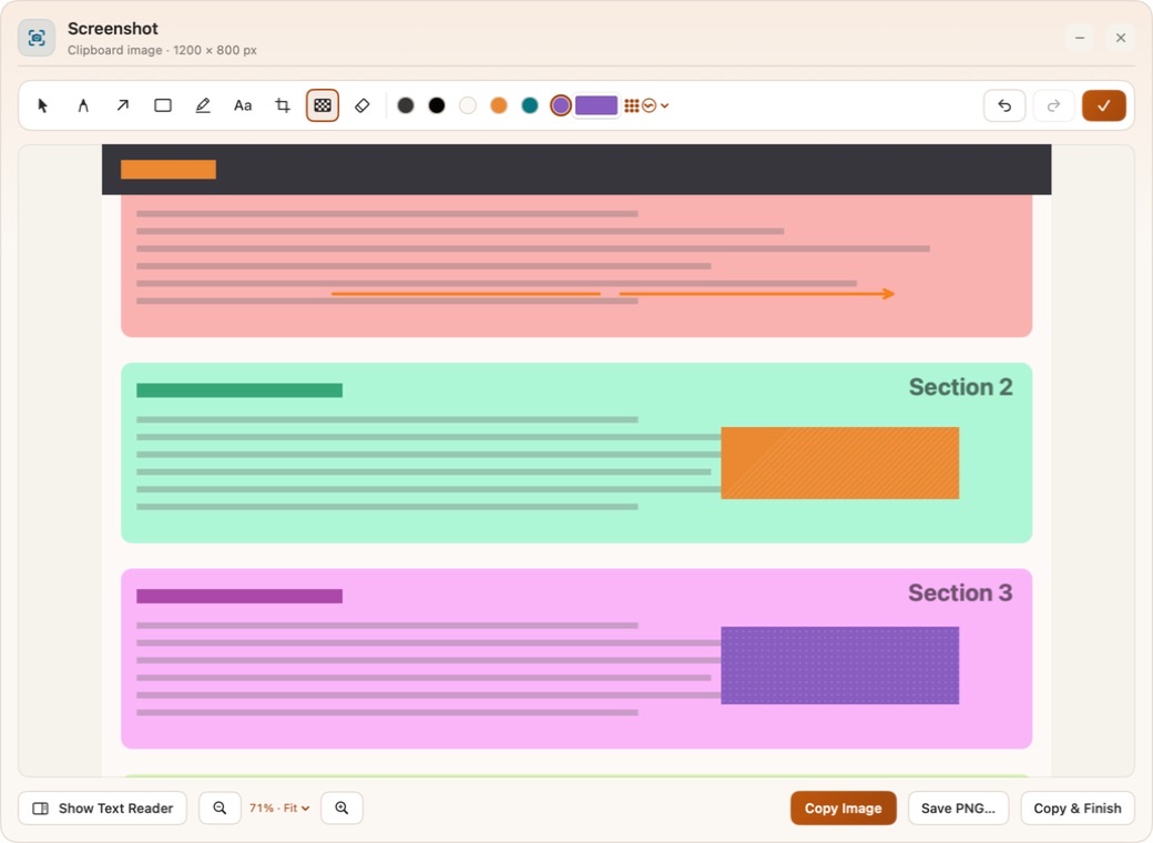 Bello Box screenshot editor showing a partially erased arrow and opaque orange striped and plum dotted masks