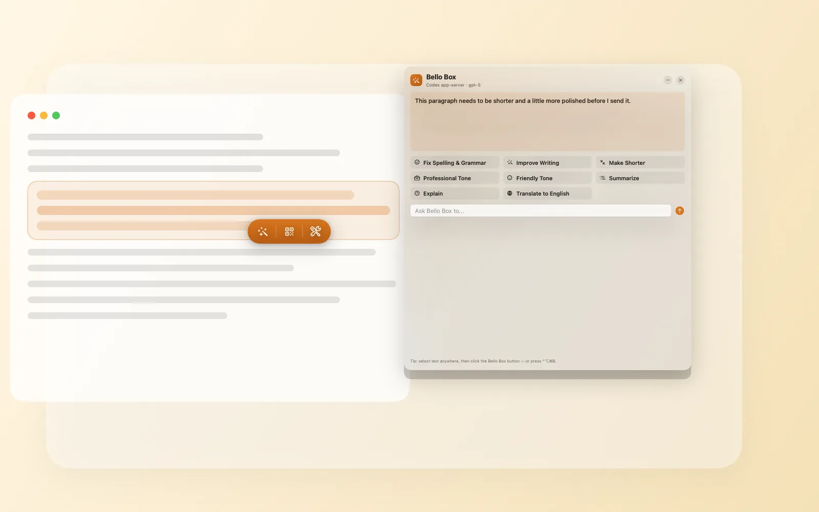Bello Box popup beside selected text with the floating AI, QR, and text tools toolbar