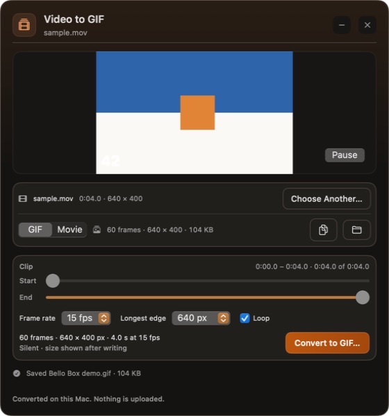 Bello Box Video to GIF converter with a finished preview, trim controls, and local export settings