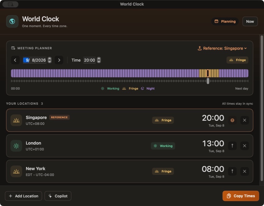 Redesigned Bello Box World Clock in dark mode showing the same meeting time