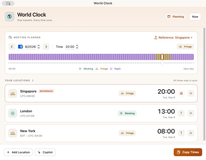 Redesigned Bello Box World Clock in light mode comparing Singapore, London, and New York