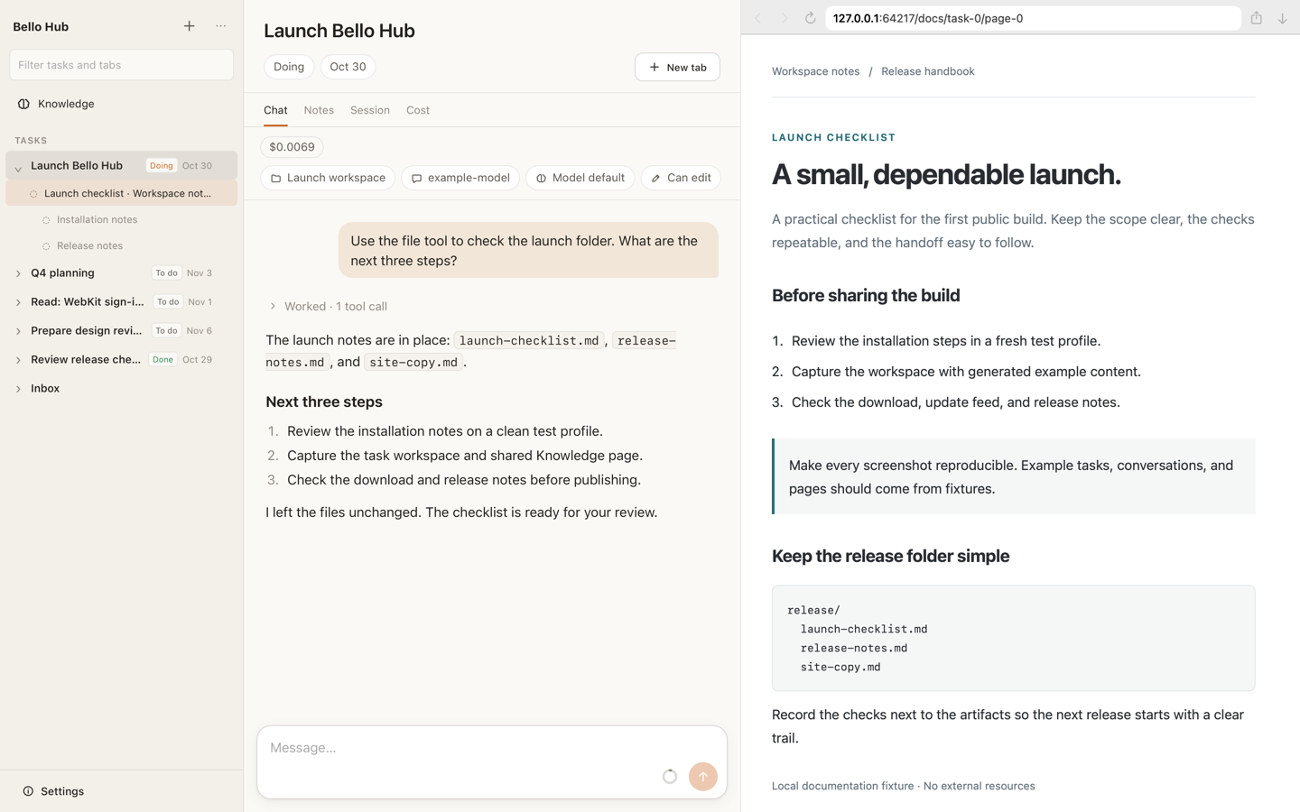 A task tree on the left, the selected task’s agent in the middle, and a web page on the right.